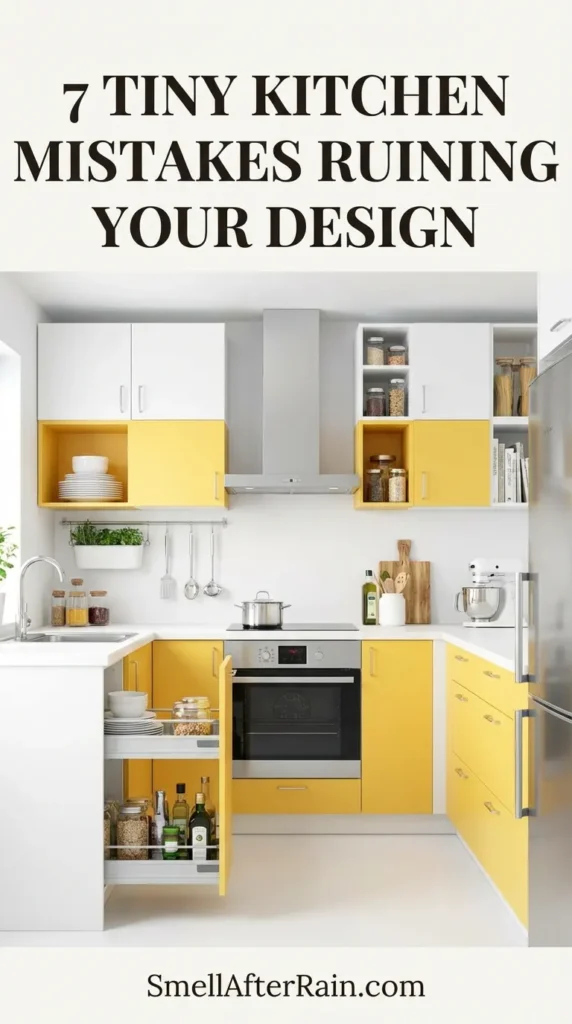 A compact and colorful kitchenette setup featuring a tall white pantry tower with organized shelves, a textured yellow upper cabinet, and a stainless steel sink area with orange accents. The design illustrates how to avoid 7 Tiny Kitchen Mistakes Ruining Your Design by utilizing vertical storage and clever organization in a small footprint.