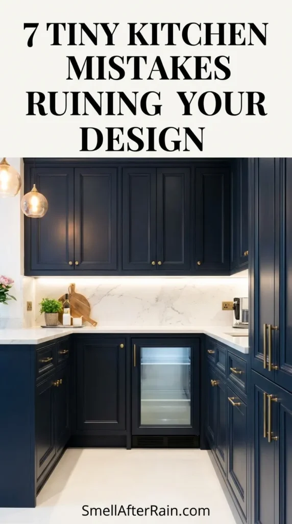 Vertical shot of a stylish small kitchen with sage green cabinets, white tile backsplash, and open wooden shelves, illustrating 7 Tiny Kitchen Mistakes Ruining Your Design. The space features stainless steel appliances, a patterned rug, and efficient use of vertical space.