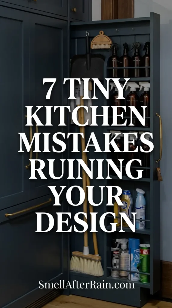 A clever vertical pull-out cabinet in a dark blue kitchen maximizing narrow space for broom and cleaning supply storage. This hidden organizer illustrates how to solve one of the 7 Tiny Kitchen Mistakes Ruining Your Design by utilizing the vertical axis. Ideal for small apartment organization and maximizing dead space.