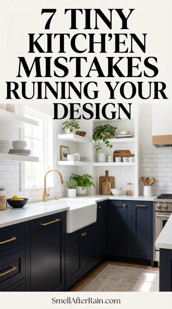 Corner of a cozy kitchen featuring rustic wooden open shelves on white subway tile walls. The shelves are styled with lush green plants, stacks of white dishes, and glassware, demonstrating effective vertical storage usage to avoid 7 Tiny Kitchen Mistakes Ruining Your Design.