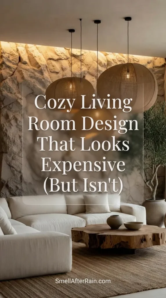 A warm and inviting Cozy Living Room Design That Looks Expensive (But Isn't), featuring a dramatic textured rock accent wall illuminated by warm light. Three large woven pendant lights hang above a modern cream sectional sofa and a rustic live-edge wood coffee table. An indoor olive tree adds greenery, completing the organic luxury look.