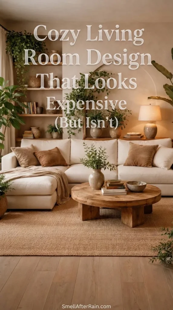 A warm, neutral living room featuring a beige sectional sofa, rustic wooden coffee table, and jute rug, surrounded by lush indoor plants and pottery shelves. The space illustrates a Cozy Living Room Design That Looks Expensive (But Isn't) with modern organic decor elements.