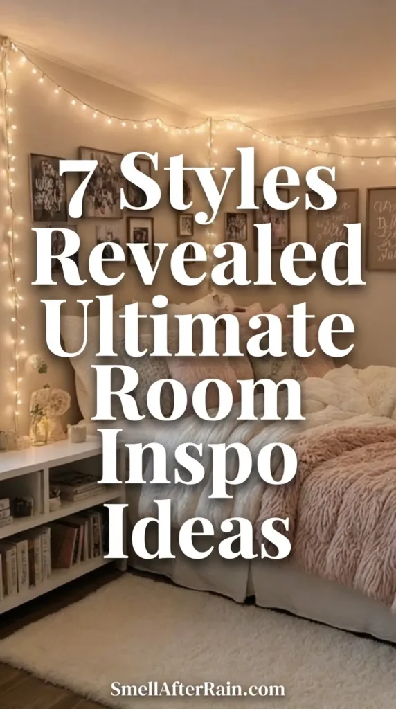 A cozy aesthetic bedroom featuring warm fairy lights draped along the walls and ceiling. The bed is layered with plush white pillows and a chunky pink knit throw blanket. A gallery wall with various framed art prints sits above the bed, and a white bookshelf organizes books and small plants. This setup illustrates the 7 Styles Revealed Ultimate Room Inspo Ideas, specifically highlighting the soft-cozy aesthetic with ambient lighting.