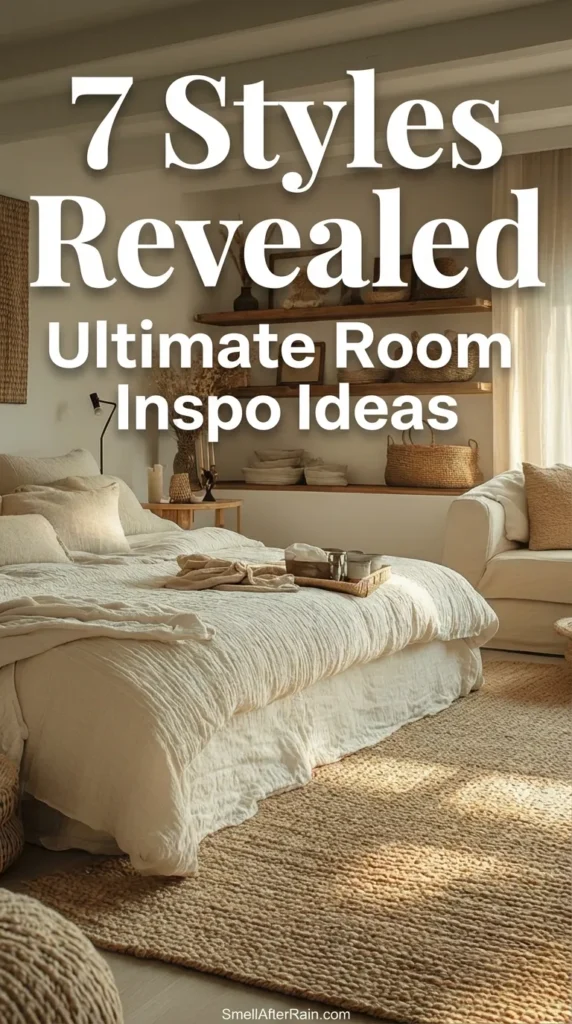 Cozy organic modern bedroom with textured white linens, chunky knit pillows, and a large jute rug. Wooden floating shelves adorn the wall with woven baskets and dried florals. Sunlit interior showcasing 7 Styles Revealed Ultimate Room Inspo Ideas for a peaceful home sanctuary.