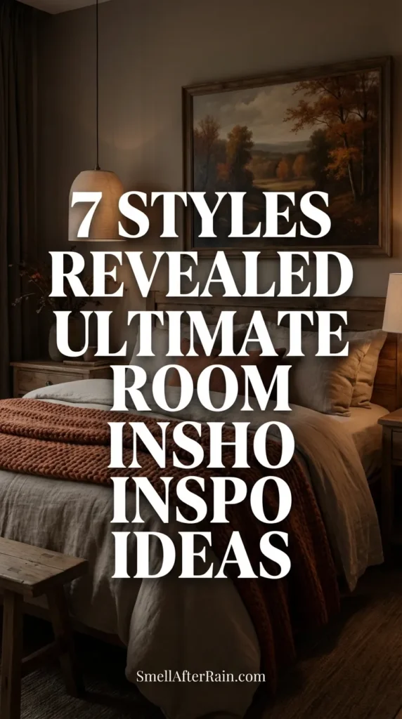 A cozy, moody bedroom featuring dark grey walls and rust-colored linen bedding, perfectly illustrating 7 Styles Revealed Ultimate Room Inspo Ideas. The space includes a large landscape painting, a woven rattan pendant light, bamboo window shades, and an industrial hanging bulb. A wooden side table displays a potted plant and books, showcasing the use of texture and warm lighting to create a relaxing sanctuary.