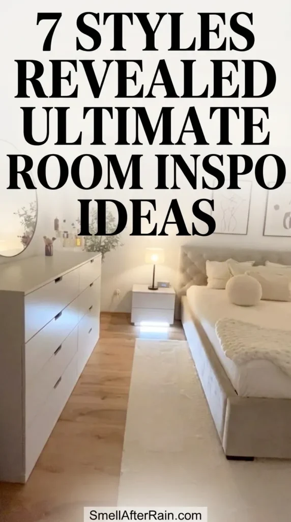 A modern minimalist bedroom featuring a white 6-drawer dresser, a large round mirror, and two framed line art prints. The cozy bed has a grey tufted headboard, white bedding, and a round decorative pillow. Soft warm lighting from a bedside lamp illuminates the space. Ideal for 7 Styles Revealed Ultimate Room Inspo Ideas, this image showcases neutral decor, clean lines, and texture layering.