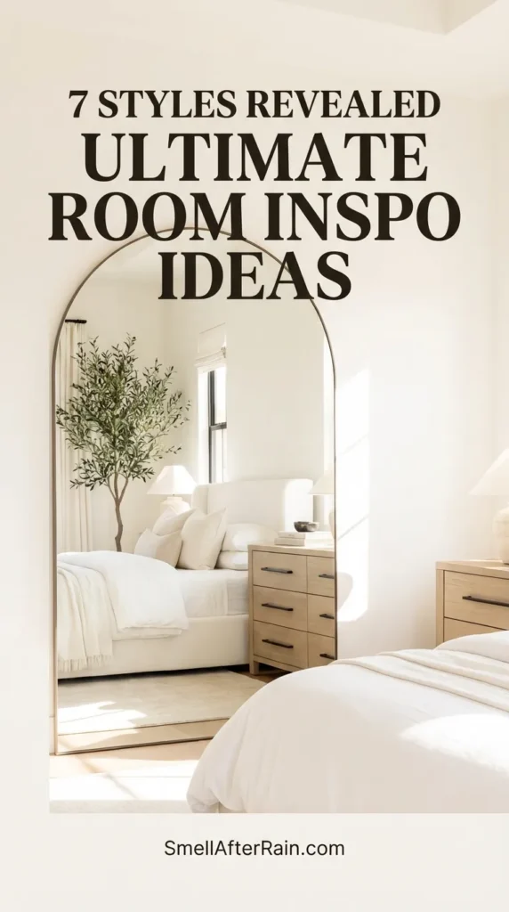 A cozy neutral bedroom featuring a textured bouclé bed frame and a large arched floor mirror reflecting the space. A wooden dresser with black hardware sits beneath a wall-mounted TV with warm backlighting, flanked by an olive tree, illustrating 7 Styles Revealed Ultimate Room Inspo Ideas.