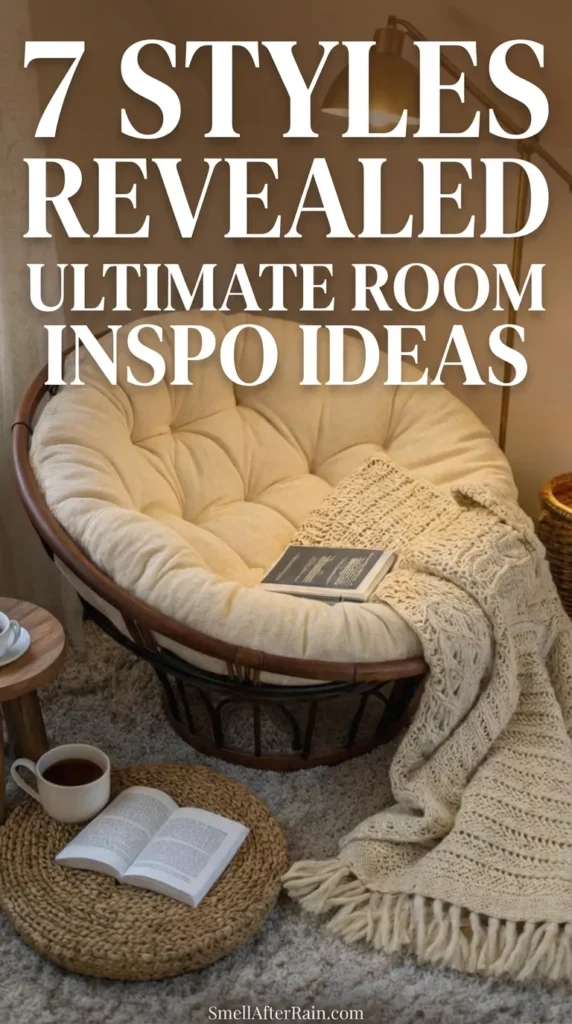 A cozy reading nook featuring a round cream Papasan chair with a chunky knit blanket, a gold floor lamp, and a woven floor pouf with an open book and coffee mug, illustrating 7 Styles Revealed Ultimate Room Inspo Ideas for a relaxing home sanctuary.