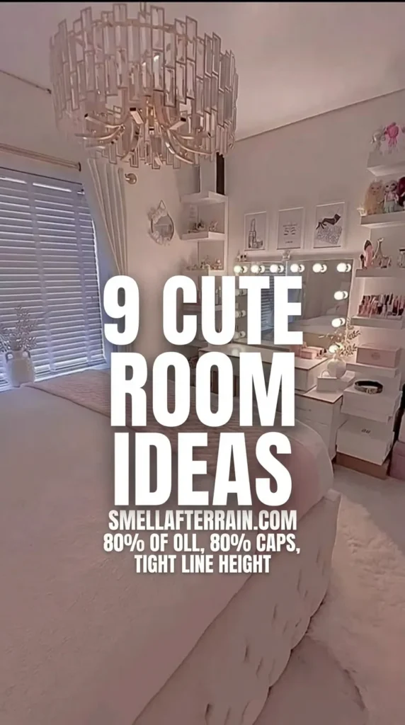 Cute Room Ideas: A dreamy white and pink bedroom featuring a large white tufted bed with a pink runner, a sparkling crystal chandelier, and a white makeup vanity station with Hollywood mirror lights and floating shelves.