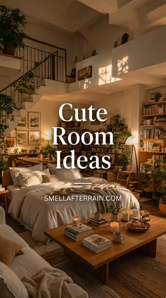 Cute Room Ideas: A warm and cozy loft living room featuring a white sectional sofa, wooden coffee table with glowing candles, tall bookshelves filled with books, and lush green hanging plants under soft ambient lighting.