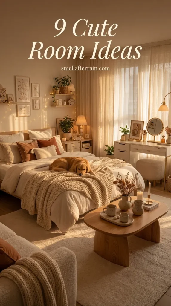 Cute Room Ideas: A cozy aesthetic bedroom featuring warm fairy lights, beige textured bedding with a sleeping dog, a fluffy white rug, and a vanity desk illuminated by soft lamp light.