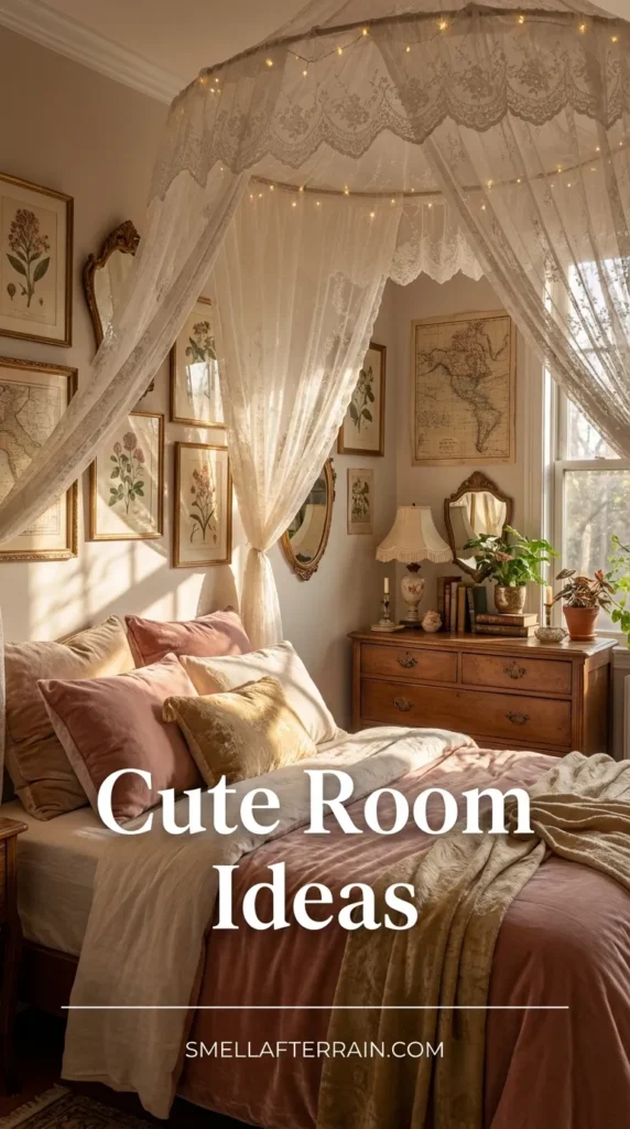 Cute Room Ideas: A cozy aesthetic bedroom featuring a white canopy bed draped with fairy lights and pink floral vines. The bed is styled with pink bedding, a fuzzy heart pillow, and cute plushies. Walls display a disco ball poster and an 'In My Inner Peace Era' print, creating a soft, coquette atmosphere.