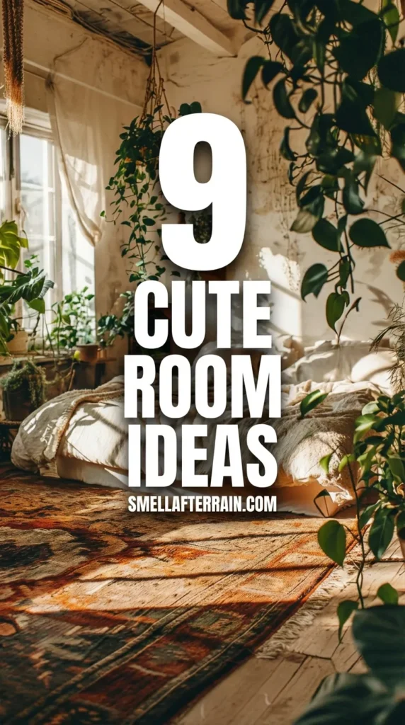 Cute Room Ideas: Sun-drenched bohemian bedroom featuring a low bed with beige textured linens, hanging pothos plants, and a vintage rust-colored area rug under warm lighting.
