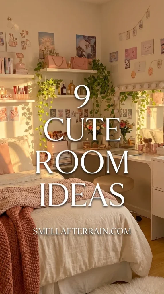 Cute Room Ideas: Aesthetic bedroom featuring pink textured bedding, a white makeup vanity with a Hollywood mirror, hanging ivy plants on white shelves, a wall photo collage, and a fluffy white rug.