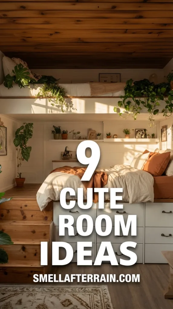 Cute Room Ideas: A cozy small bedroom featuring a wooden plank ceiling and a raised platform bed with built-in white storage drawers. Wooden steps lead to the bed, which is adorned with rust-colored pillows and white linens. Trailing pothos plants and monstera add greenery to the shelves and loft area.