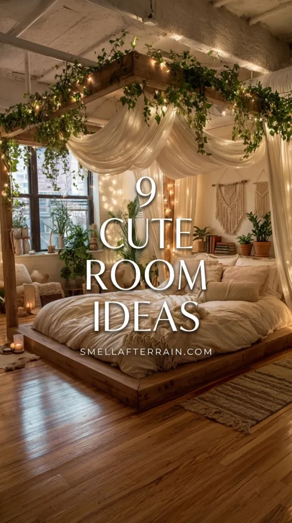 Cute Room Ideas: A cozy bohemian bedroom featuring a wooden platform bed with a canopy wrapped in ivy and fairy lights, sheer white drapes, potted plants, and warm wooden flooring.