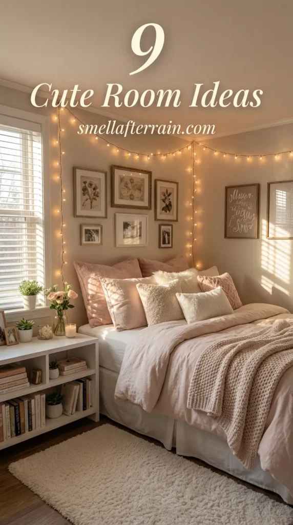 Cute Room Ideas: A cozy bedroom featuring warm fairy lights strung along the walls, a gallery wall of art prints, and a bed with fluffy pink bedding and textured pillows. A white bookshelf filled with books sits next to the bed.