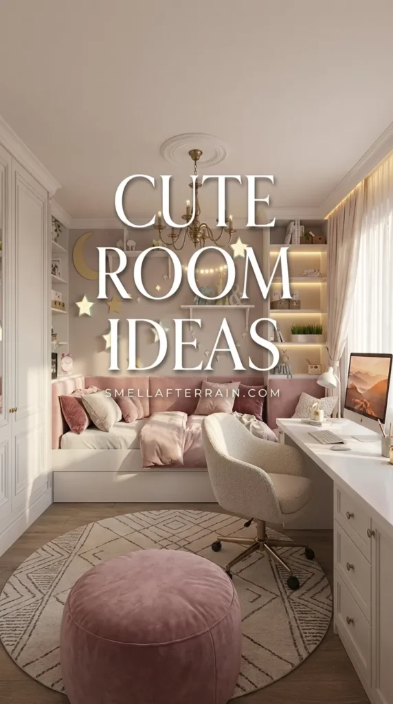 Cute Room Ideas: A cozy pink and white bedroom featuring a daybed with star-shaped wall lights, a modern white desk setup, and a plush bean bag on a patterned round rug.