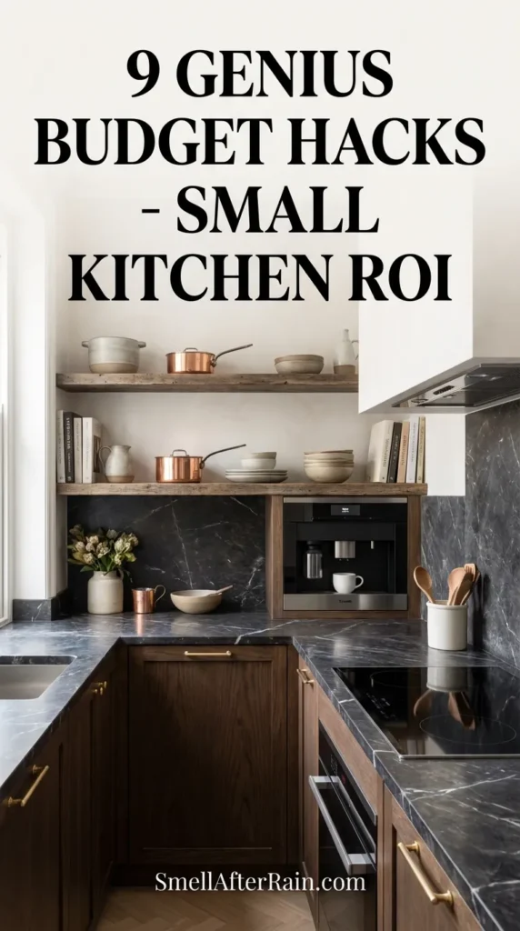 A bright, modern small kitchen featuring floor-to-ceiling storage and smart lighting. This design illustrates 9 Genius Budget Hacks - Small Kitchen ROI, showing how to maximize tiny spaces with open shelving, compact appliances, and high-impact DIY decor updates for better real estate value.