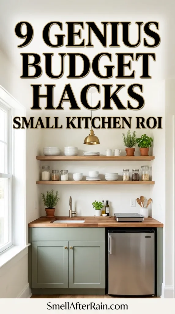 A bright and airy small kitchen renovation featuring floor-to-ceiling white shelves, a butcher block countertop, and compact stainless steel appliances. The text overlay reads 9 Genius Budget Hacks - Small Kitchen ROI. This design utilizes vertical storage and lighting theory to maximize the golden triangle in a tight quarter, demonstrating high-impact DIY decor updates for increased home value.