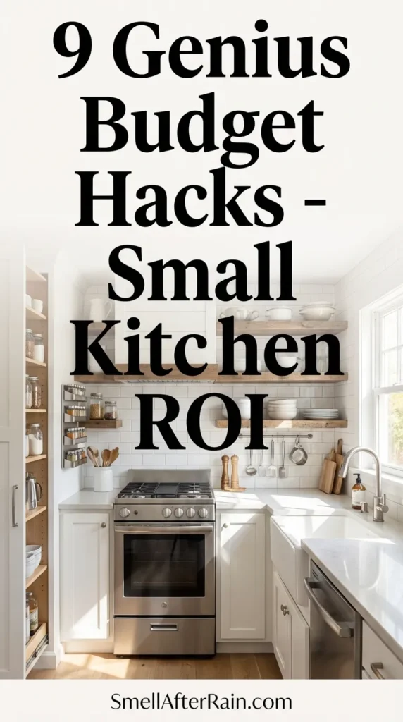 A bright, beautifully organized small kitchen featuring floor-to-ceiling open shelving and smart lighting. The space illustrates 9 Genius Budget Hacks - Small Kitchen ROI, demonstrating how vertical storage and compact appliances maximize functionality in a tight layout.