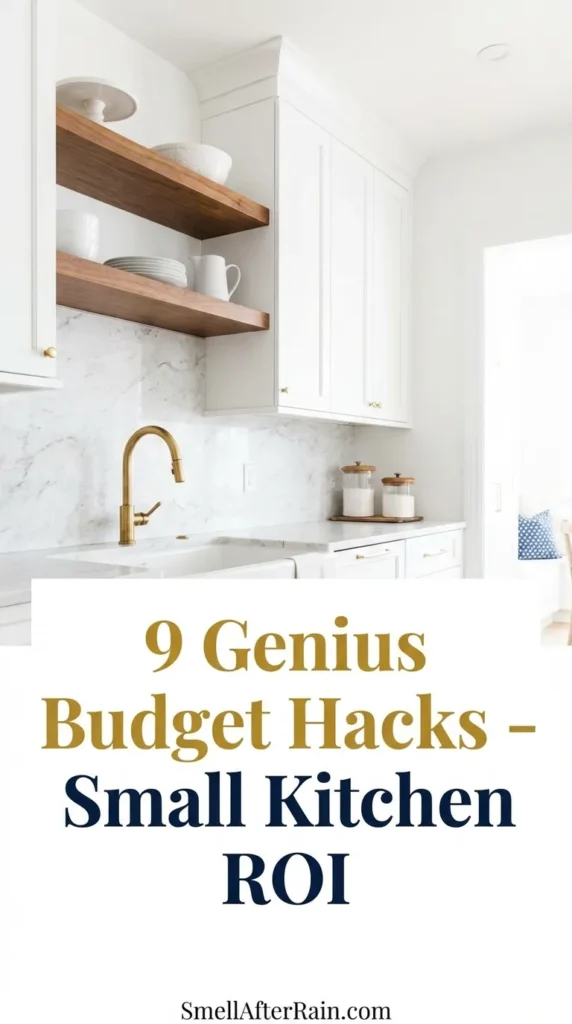 A bright, modern tiny kitchen featuring floor-to-ceiling vertical storage and open shelving. The space demonstrates 9 Genius Budget Hacks - Small Kitchen ROI, showing how compact appliances and smart lighting theory can make a small footprint feel spacious and luxurious.