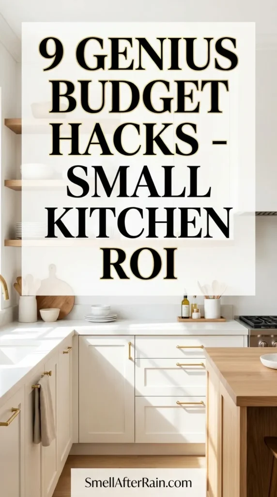 A bright, modern compact kitchen illustrating 9 Genius Budget Hacks - Small Kitchen ROI. The image features floor-to-ceiling vertical storage, smart lighting design to create space, and high-end finishes on a budget. It showcases the difference between open shelving and cabinetry, highlighting layout logic in tight quarters.