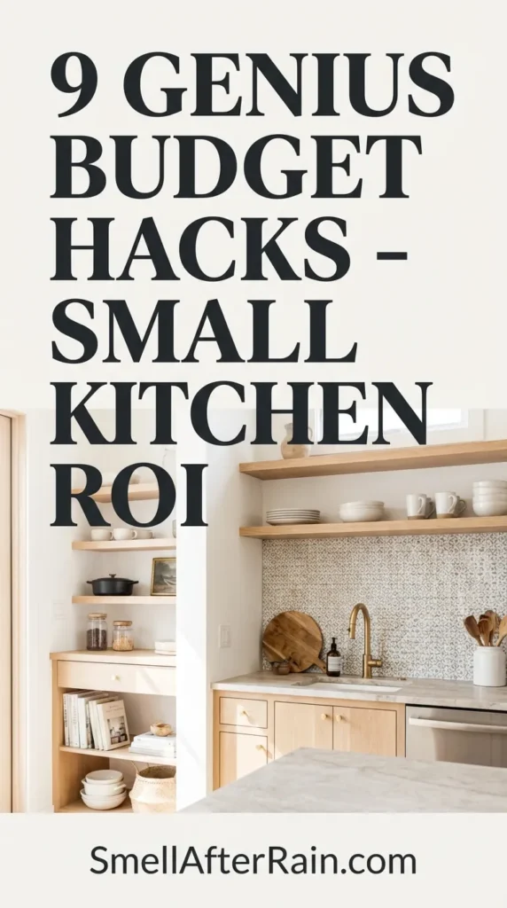 A bright, organized tiny kitchen featuring open wood shelving and floor-to-ceiling storage. The image illustrates 9 Genius Budget Hacks - Small Kitchen ROI, showing how to maximize space with smart lighting and compact appliances. A stylish example of high-impact low-cost DIY decor updates for a modern aesthetic.