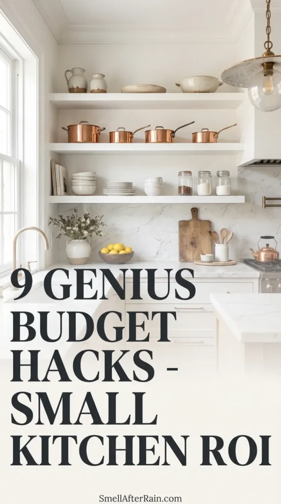 A beautifully organized small kitchen maximizing vertical space with open shelving and modern lighting, illustrating 9 Genius Budget Hacks - Small Kitchen ROI. The design features cost-effective IKEA hacks, compact appliances, and smart layout logic to create a high-end look on a DIY budget.
