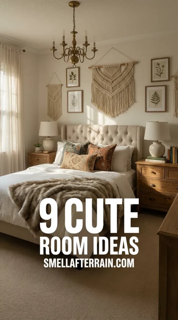 Cute Room Ideas: A glamorous bedroom featuring a crystal chandelier, cheetah print rug, and black and white fashion art prints. The space uses cozy white bedding, a faux fur throw, and warm lighting for a luxe aesthetic.