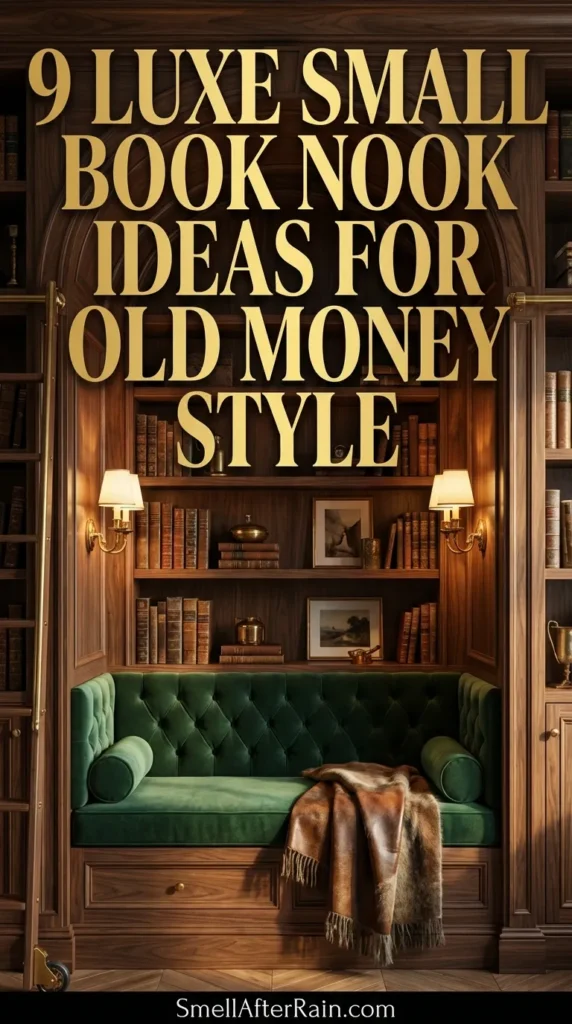 A sophisticated reading corner featuring dark custom millwork and a velvet tufted armchair. The design illustrates 9 Luxe Small Book Nook Ideas for Old Money Style, showcasing brass sconces, leather-bound books, and a built-in library ladder. The space radiates quiet luxury and timeless elegance.