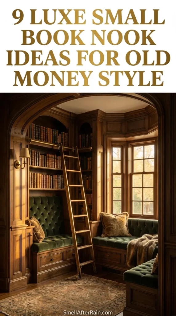 A sophisticated reading corner featuring floor-to-ceiling dark wood built-in bookshelves and a tufted velvet armchair. The space highlights 9 Luxe Small Book Nook Ideas for Old Money Style with brass sconces, rich textures like mohair and leather, and a custom library ladder maximizing vertical storage.