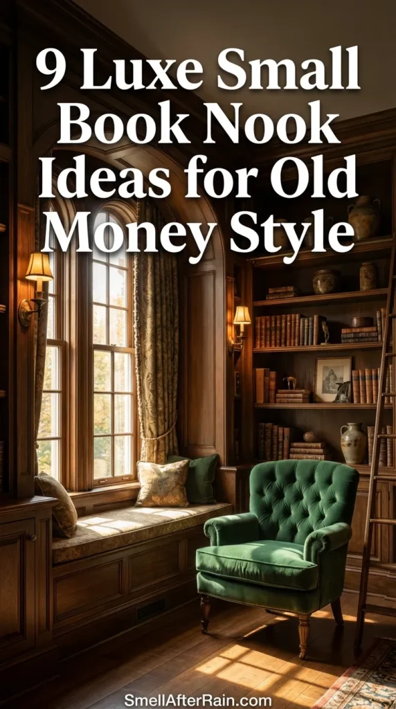 A sophisticated reading corner featuring dark walnut custom millwork, a tufted velvet window seat, and brass sconces. The design represents one of the 9 Luxe Small Book Nook Ideas for Old Money Style, showcasing how to layer textures like mohair and leather in a small footprint. The built-in bookshelves are styled with negative space and vintage books, embodying the quiet luxury aesthetic suitable for closet conversions or bay windows.