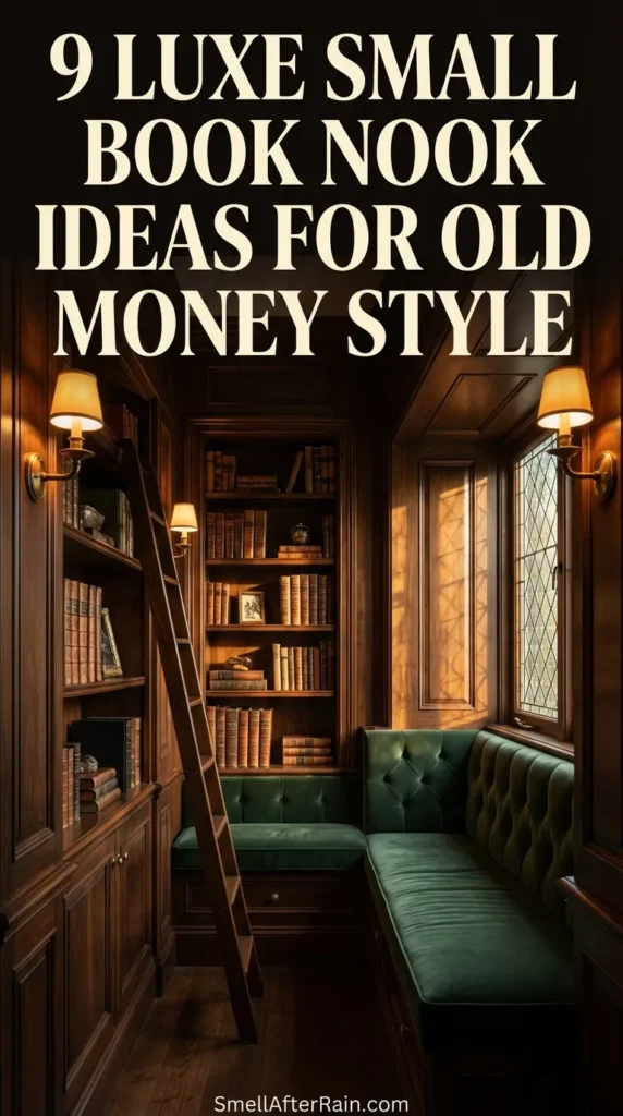A sophisticated reading corner featuring dark wood built-in shelves and a velvet tufted window seat. The space showcases 9 Luxe Small Book Nook Ideas for Old Money Style, highlighting brass sconces, leather-bound books, and rich textural layering. A library ladder leans against vertical shelving in a compact room, demonstrating classic interior design and architectural elegance.