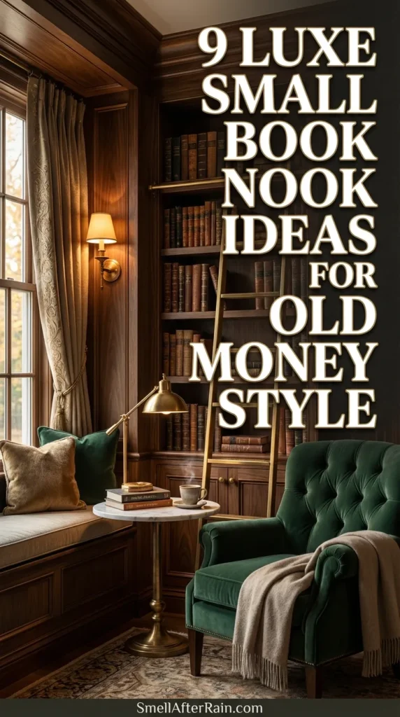 Elegant reading corner featuring built-in dark wood shelving and a tufted velvet bench, illustrating 9 Luxe Small Book Nook Ideas for Old Money Style. The design highlights brass sconces, library ladders for vertical storage, and curated shelf styling in a compact space.