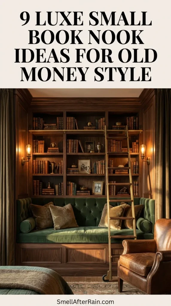 A sophisticated reading corner featuring dark walnut custom millwork and a tufted velvet window seat. The design showcases 9 Luxe Small Book Nook Ideas for Old Money Style, including antique brass sconces, floor-to-ceiling bookshelves, and layered leather textures, creating a cozy yet elegant home library atmosphere.