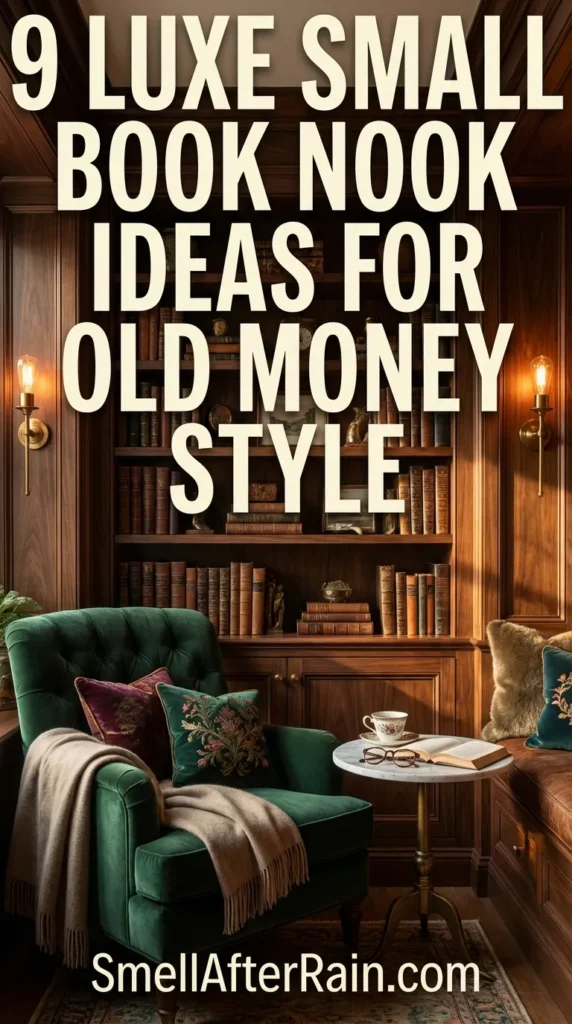 A stunning built-in reading alcove featuring dark wood joinery, velvet upholstery, and brass library lights. This design showcases one of the 9 Luxe Small Book Nook Ideas for Old Money Style, highlighting custom millwork and curated shelf styling. The space feels intimate yet expensive, perfect for a home library renovation in a compact area.