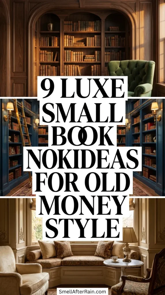 A sophisticated built-in reading alcove featuring dark walnut millwork and a tufted green velvet bench seat. The design illustrates 9 Luxe Small Book Nook Ideas for Old Money Style, highlighting brass sconce lighting, floor-to-ceiling shelving with a rolling ladder, and curated decor that embodies the quiet luxury aesthetic suitable for small home libraries.