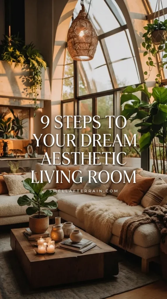 A cozy aesthetic living room featuring a large white L-shaped sectional sofa with mustard yellow throw pillows. A rustic wooden coffee table is decorated with books and lit candles. High arched windows overlook lush greenery, and a woven pendant light hangs from the ceiling, creating a warm, earthy, and minimalist atmosphere.