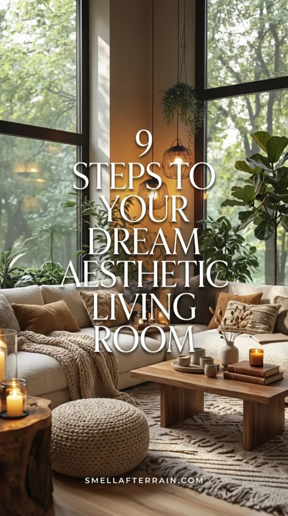 A cozy aesthetic living room featuring a large beige sectional sofa, floor-to-ceiling windows with a forest view, warm pendant lighting, and chunky knit floor poufs. The space is filled with indoor plants, candles, and earthy textures, embodying a hygge and minimalist design style.