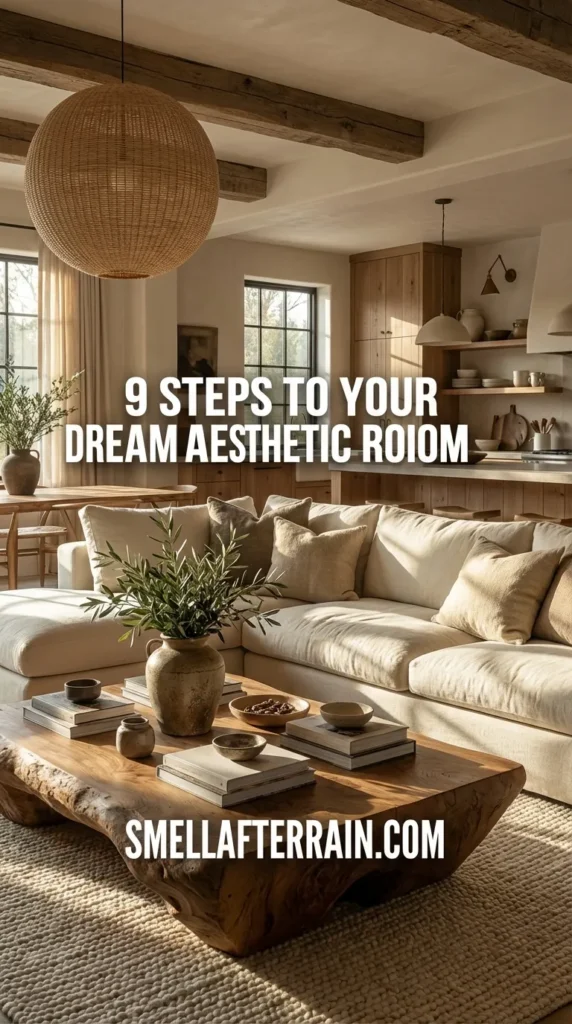 A cozy, minimalist living room featuring a large raw wood live-edge coffee table and a cream sectional sofa. An oversized woven rattan pendant light hangs from exposed wooden beams over a textured jute rug. Large windows provide natural light in this organic modern sanctuary, illustrating the steps to your dream aesthetic living room.