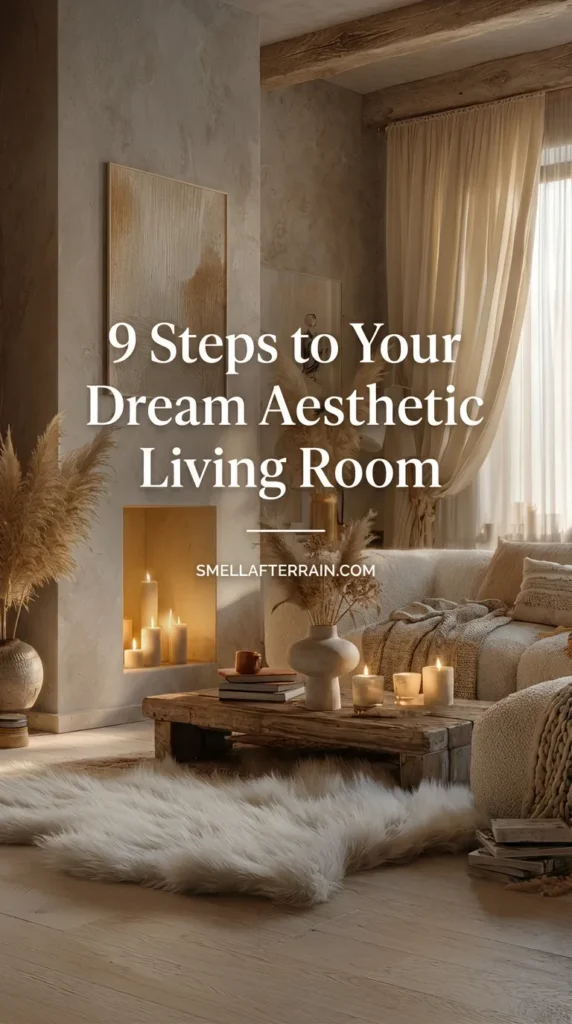 A warm and cozy aesthetic living room featuring a white boucle sofa, rustic wooden coffee table, and large pampas grass arrangement. Soft sunlight filters through sheer curtains onto a faux fur rug, while a fireplace filled with pillar candles creates a romantic atmosphere. Neutral beige walls and textured decor complete the minimalist sanctuary look.