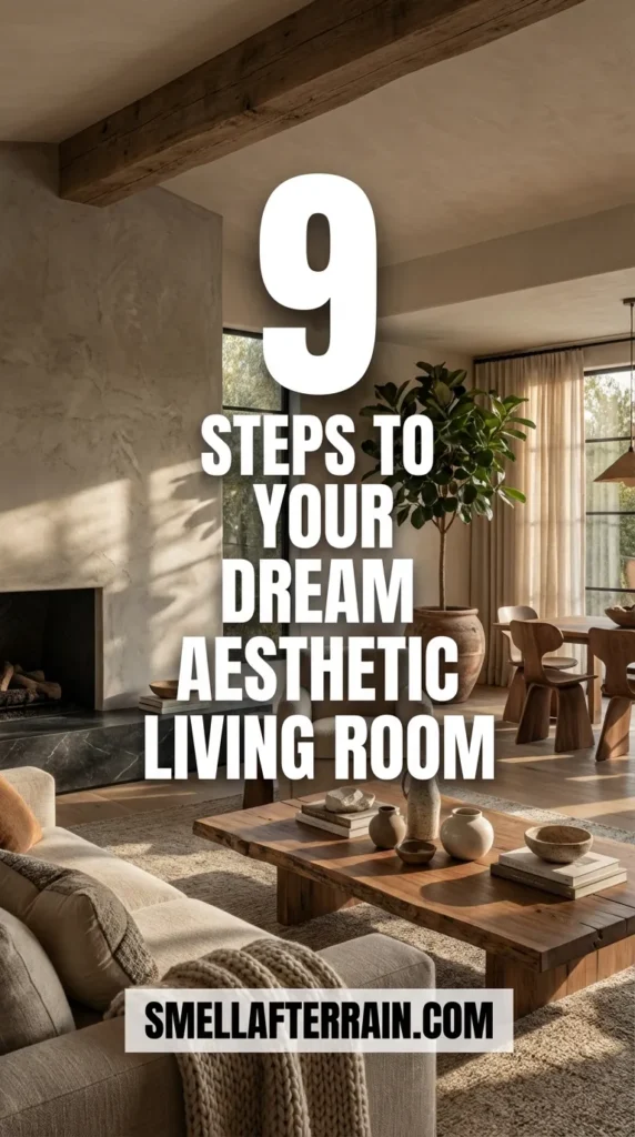 Modern aesthetic living room featuring a light grey L-shaped sectional sofa, round wooden coffee table, and linear gas fireplace. A tall indoor olive tree adds a natural touch to the concrete walls and wood ceiling beams. Cozy beige throw blankets and a woven pouf complete the organic minimalist look.