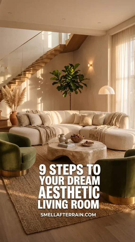 A cozy aesthetic living room featuring a curved cream sectional sofa and two moss green velvet accent chairs. An organic shaped stone coffee table sits on a textured beige rug. Warm sunlight streams through sheer curtains, highlighting a wooden staircase with glass railing and a large indoor olive tree. Perfect inspiration for minimalist and earthy home decor.