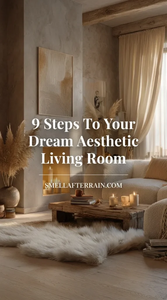 A cozy aesthetic living room featuring a curved white bouclé sofa, rustic wooden coffee table, and a plush faux fur rug. Warm candlelight glows in the fireplace and on the table. Tall pampas grass adds natural texture to the beige minimalist decor. Sunlight streams through sheer curtains, creating a dreamy atmosphere.