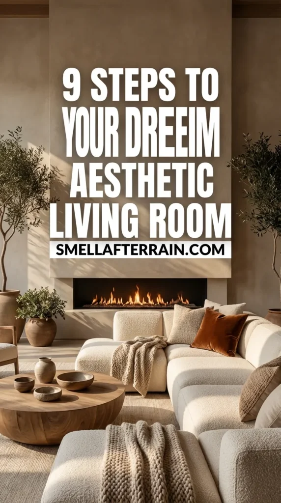 Modern minimalist living room featuring a cozy grey sectional sofa, round wooden coffee table, and a sleek linear fireplace. A tall indoor olive tree adds greenery against concrete walls. Warm neutral color palette with beige textures and floor-to-ceiling windows. Inspiration for 9 steps to your dream aesthetic living room and luxury home decor.