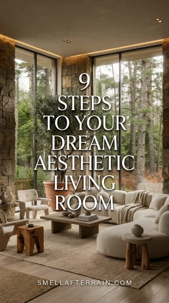 A serene aesthetic living room design featuring tall stone walls, floor-to-ceiling windows with a forest view, and a large indoor olive tree. A curved beige bouclé sofa and natural wood coffee tables create a cozy, minimalist sanctuary atmosphere perfect for organic modern inspiration.