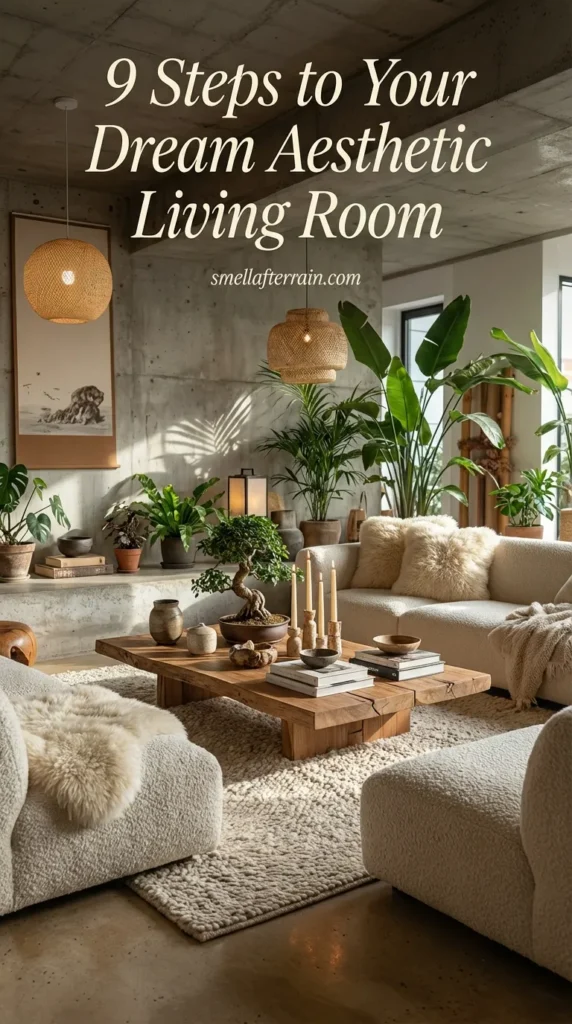 A cozy, minimalist living room featuring a low beige floor sofa, a rustic solid wood coffee table, and a textured jute rug against industrial concrete walls. Soft lighting from a hanging paper lantern and potted plants add warmth to this aesthetic sanctuary. Perfect inspiration for Japandi and wabi-sabi home decor styles.