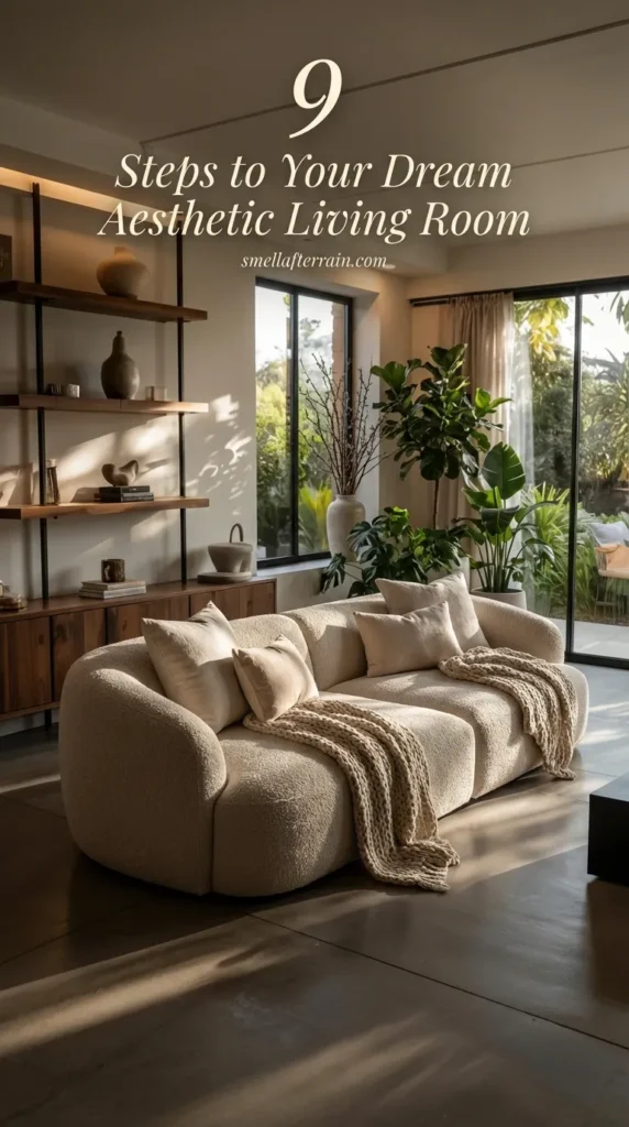 Sun-drenched aesthetic living room featuring a low profile beige modular sofa with throw blankets and warm wooden shelving filled with ceramic vases. Large floor-to-ceiling windows open to a lush green garden, highlighting the cozy minimalist sanctuary vibe with soft sunlight casting shadows on the polished floor.