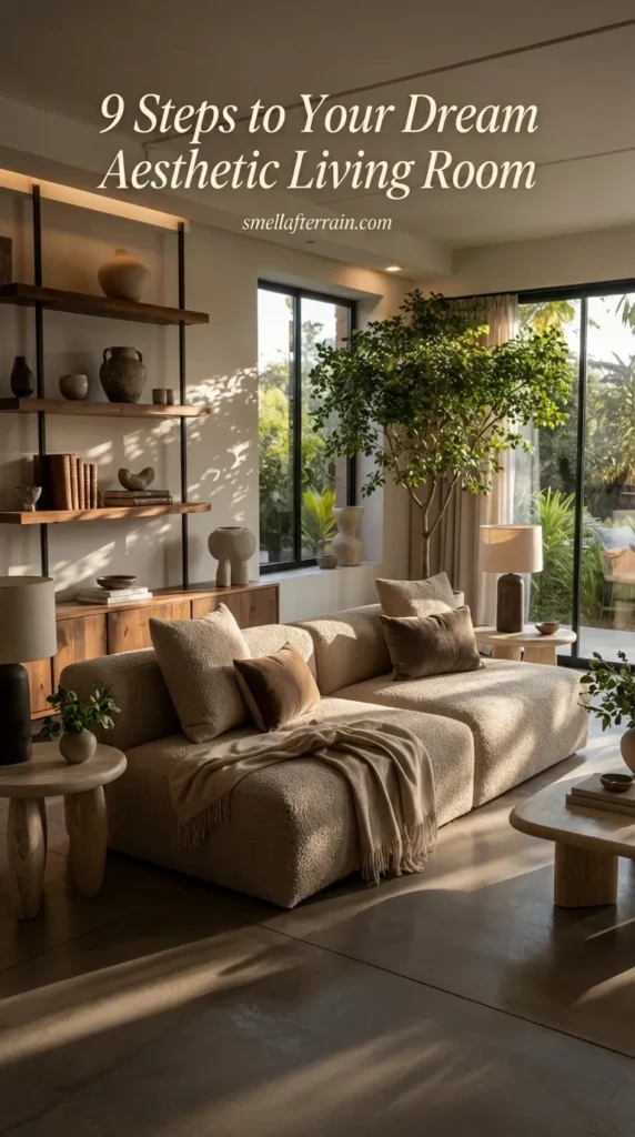 A sun-drenched aesthetic living room featuring a cozy beige modular sofa and walnut wood shelving units. Large floor-to-ceiling windows showcase a lush green garden, filling the minimalist sanctuary with golden natural light. The space exemplifies organic modern design with neutral tones, soft textiles, and curated decor objects, illustrating the 9 steps to a dream living space.